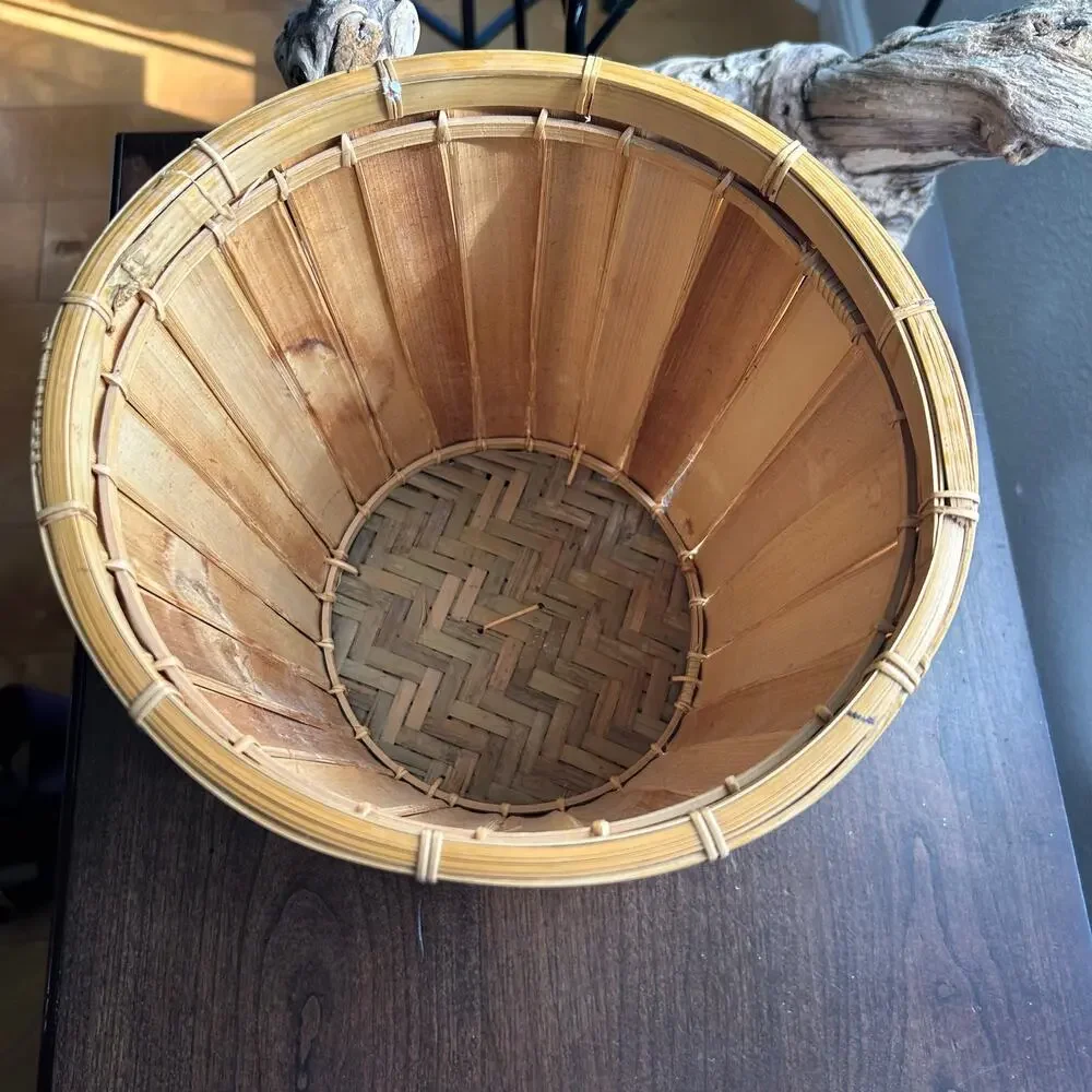 Vintage split reed Rattan and Bamboo planter waste basket trashcan